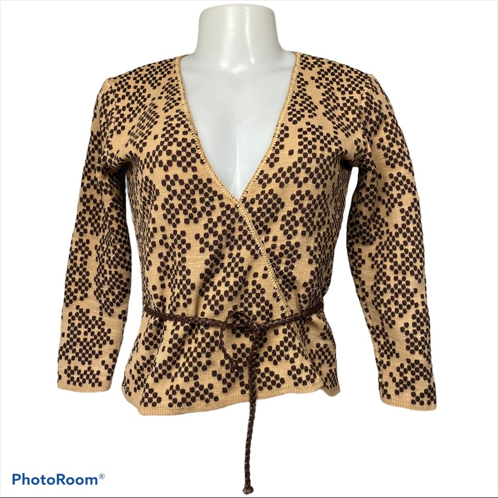 Annie B Geometric Print Brown & Tan Belted Sweater S